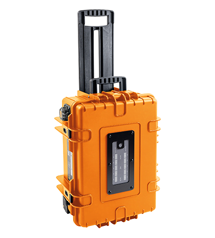 Orange case with battery for mobile power supply. With a carrying handle, a pull handle and wheels.