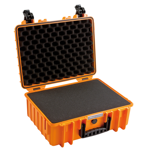 An open orange colored suitcase.